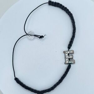 Vintage 90s Y2K Black Cord Bracelet Rhinestone Letter E Initial Charm Bracelet